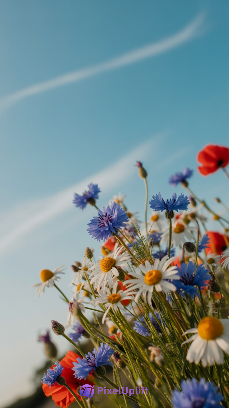 Close-up of vibrant wildflower field with blue cornflowers, white daisies, and red poppies under a clear blue sky with wispy clouds