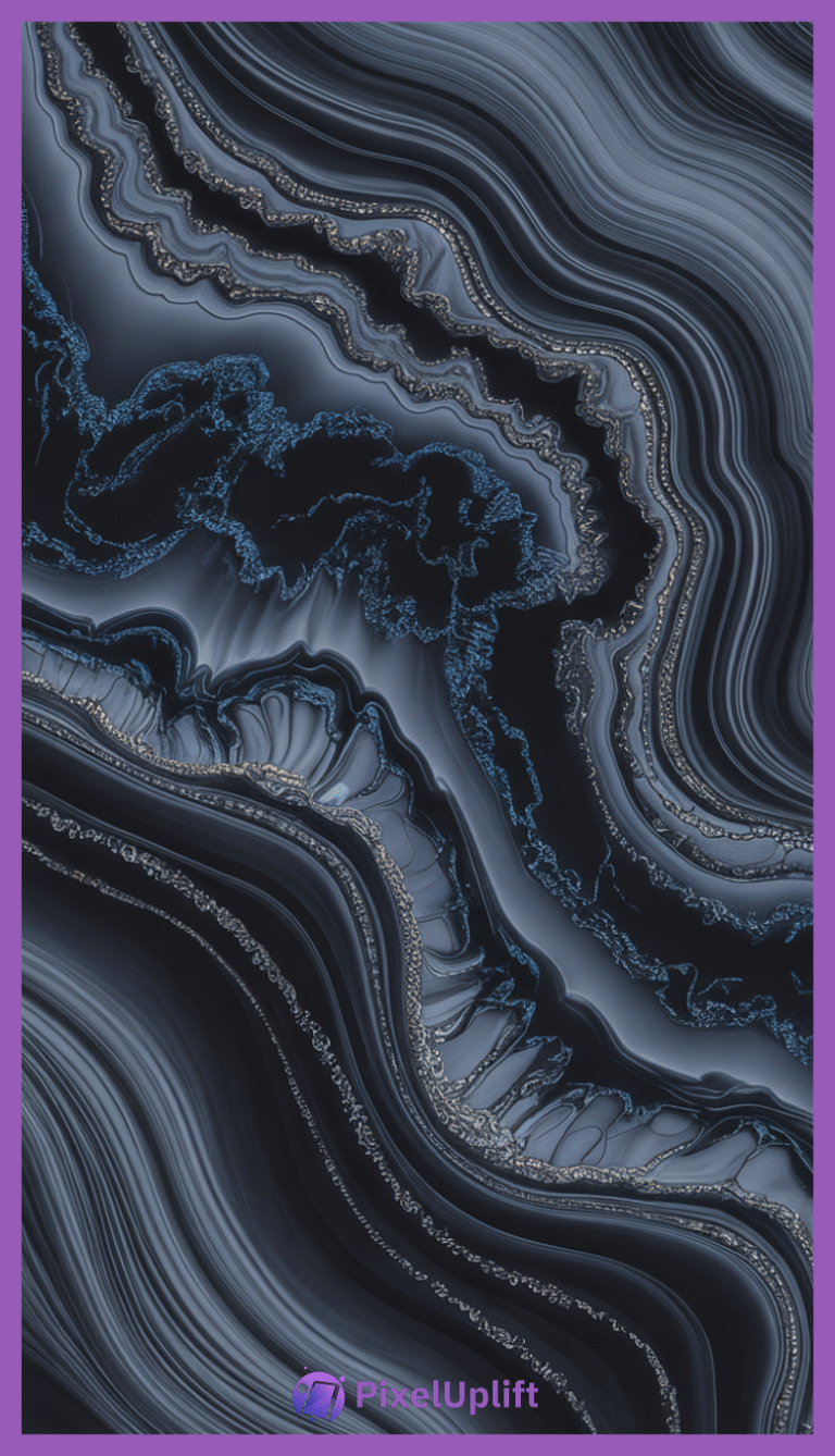 Abstract phone wallpaper lockscreen featuring deep blue, black, and gray banded agate pattern with flowing wavy lines and sparkle effect