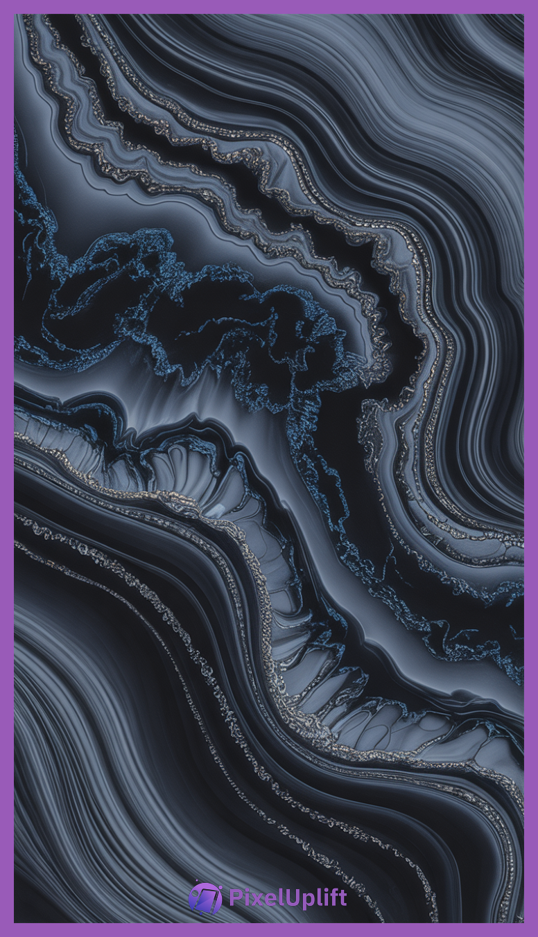 Abstract phone wallpaper lockscreen featuring deep blue, black, and gray banded agate pattern with flowing wavy lines and sparkle effect