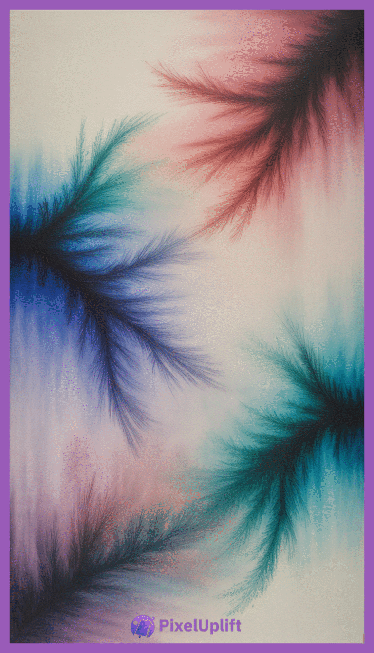 Abstract feather-like fractal pattern in blue, teal, black, and red shades on a soft muted background for phone lockscreen wallpaper
