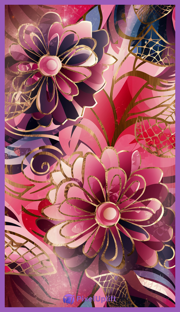 Abstract floral phone wallpaper lockscreen featuring large stylized flowers with pink, purple, dark blue petals and gold accents on a swirling pink and red background