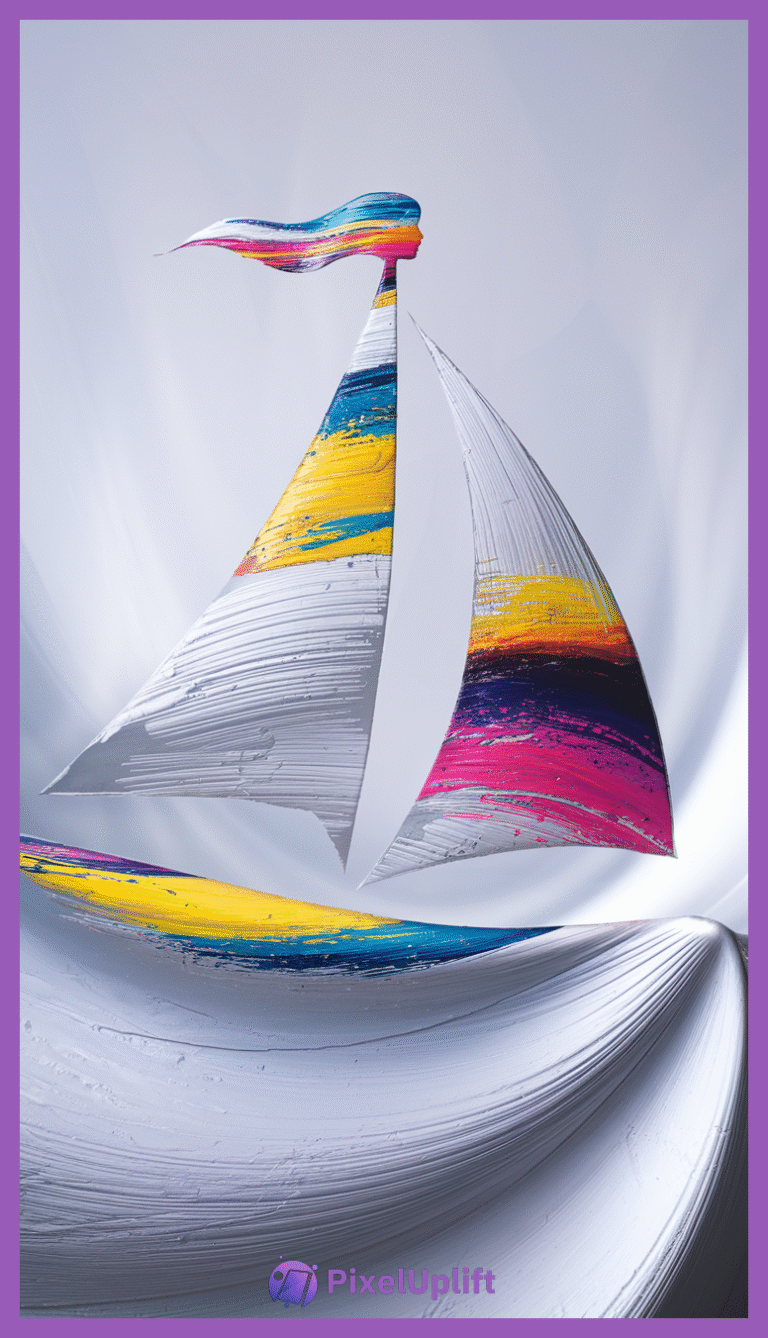 Abstract sailboat phone wallpaper with vibrant textured brushstrokes and stylized mast resembling a person with colorful flowing hair