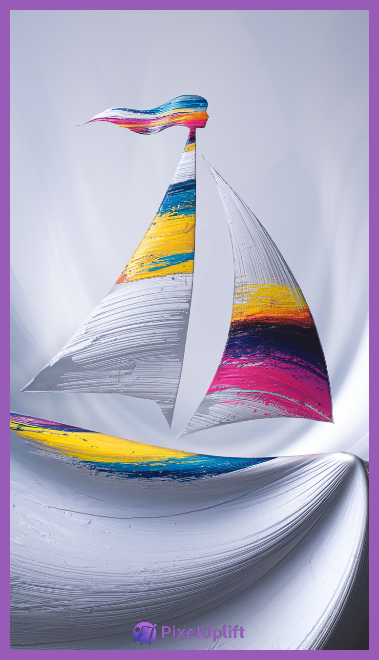 Abstract sailboat phone wallpaper with vibrant textured brushstrokes and stylized mast resembling a person with colorful flowing hair