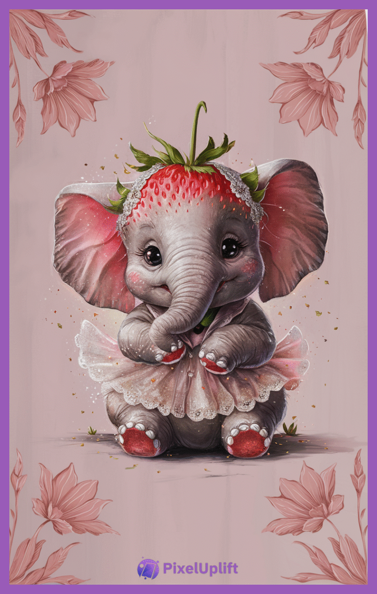 Whimsical baby elephant wearing pink tutu and strawberry hat on soft pink floral background phone wallpaper lockscreen