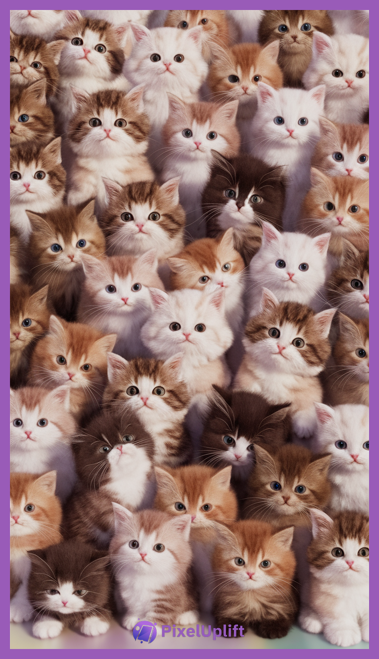 Group of adorable kittens with various fur colors closely packed together, looking directly at the camera