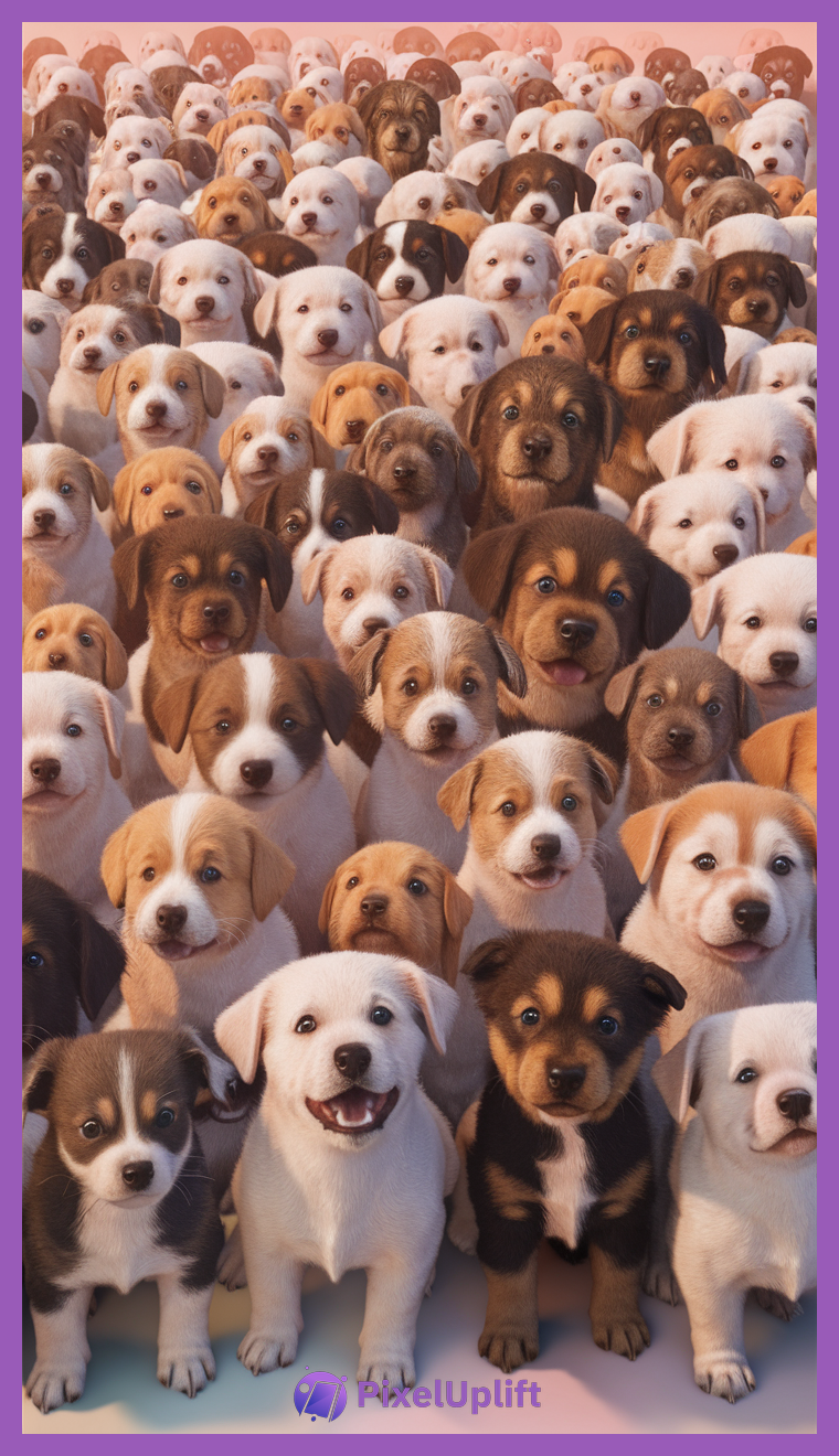 A large group of adorable puppies of various breeds and colors closely packed together with soft warm lighting