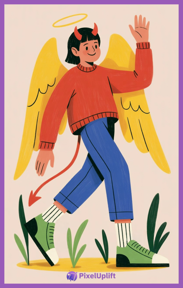 Colorful illustration of a person with angel wings, halo, devil horns, and tail walking while waving on a beige background with green plants