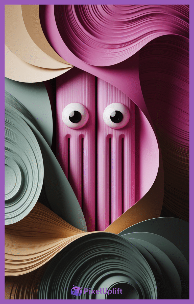 Abstract artistic phone wallpaper featuring a pink face-like figure with large glossy eyes surrounded by flowing textured layers in beige, pink, green, brown, and dark gray