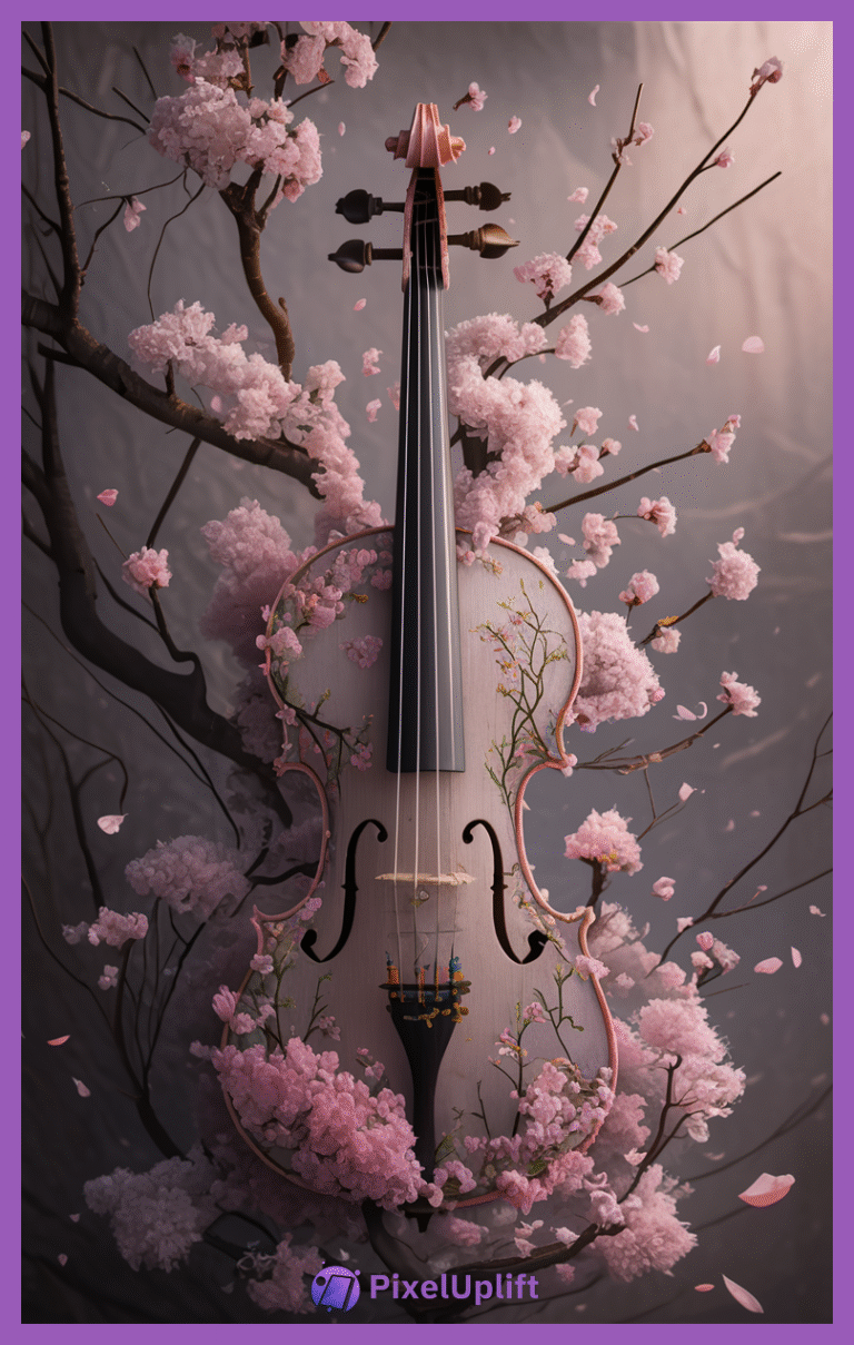 Artistic violin entwined with blooming cherry blossom branches on a muted background