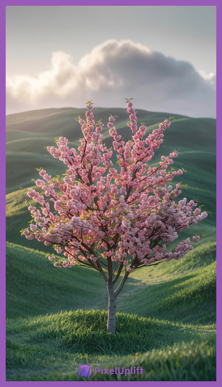 Solitary cherry blossom tree with pink flowers on a green hillside under soft sunlight and clear sky
