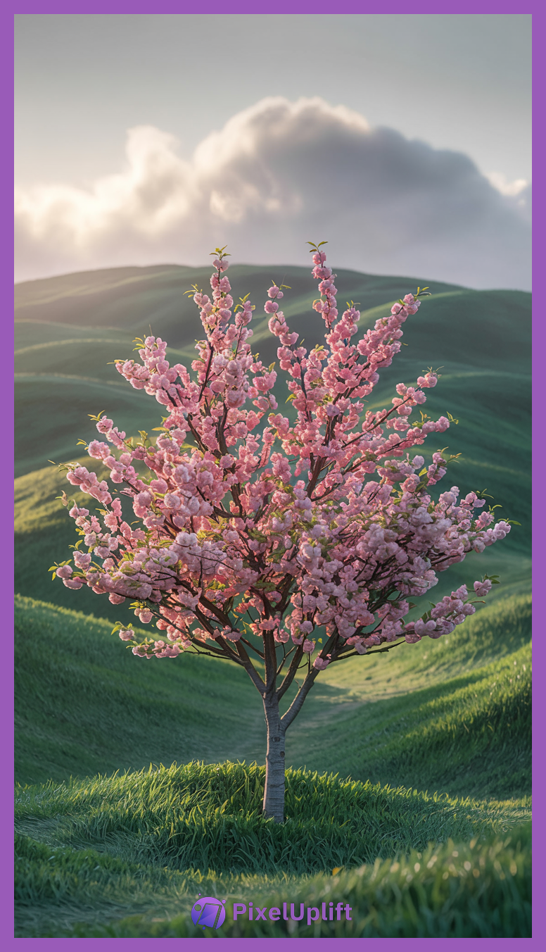 Solitary cherry blossom tree with pink flowers on a green hillside under soft sunlight and clear sky