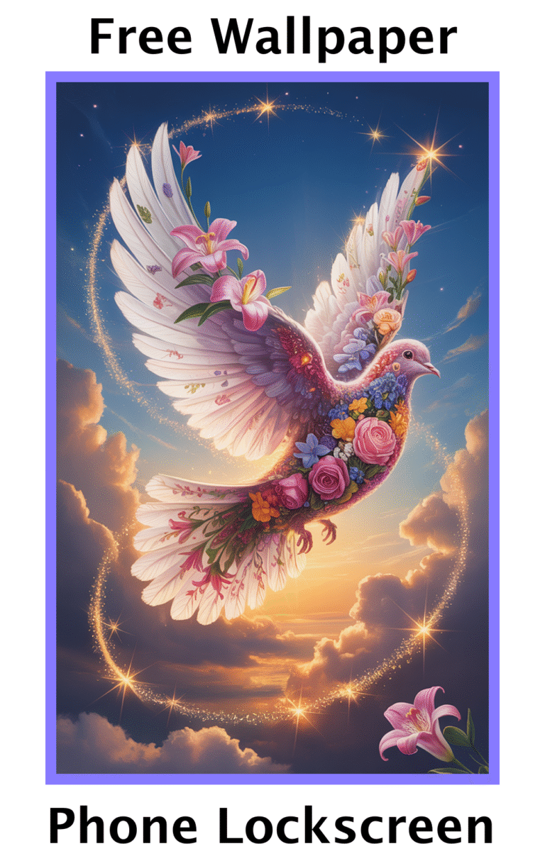 Beautiful dove in flight with wings adorned in pink lilies and vibrant flowers, glowing stars trail, and golden sunrise sky background