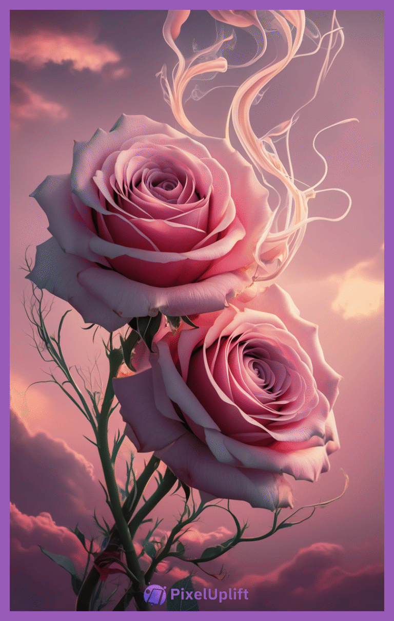 Phone wallpaper lockscreen featuring two large pink roses surrounded by ethereal wispy smoke and a gradient pink and purple sky background with glowing clouds