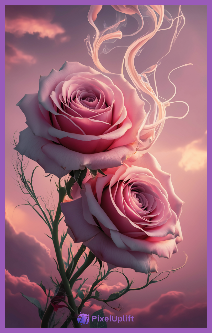 Phone wallpaper lockscreen featuring two large pink roses surrounded by ethereal wispy smoke and a gradient pink and purple sky background with glowing clouds