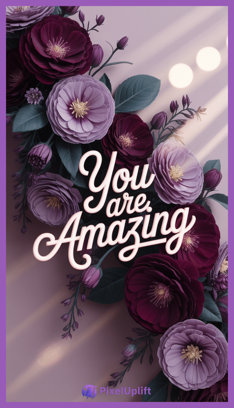 Phone wallpaper lockscreen with purple and burgundy flowers, green leaves, and a glowing You are Amazing text on a lavender background