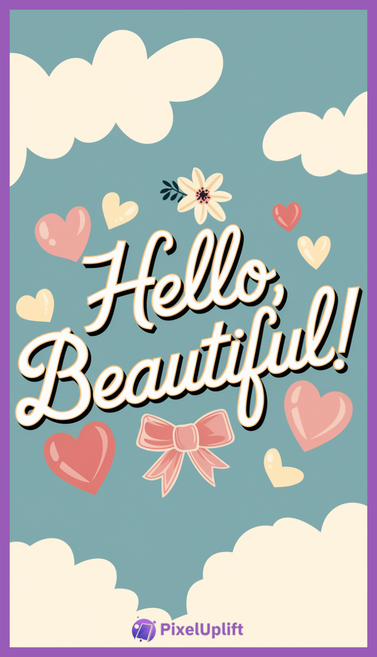 Phone wallpaper lockscreen featuring cheerful Hello Beautiful text with decorative hearts, bow, flower, and clouds on soft blue background