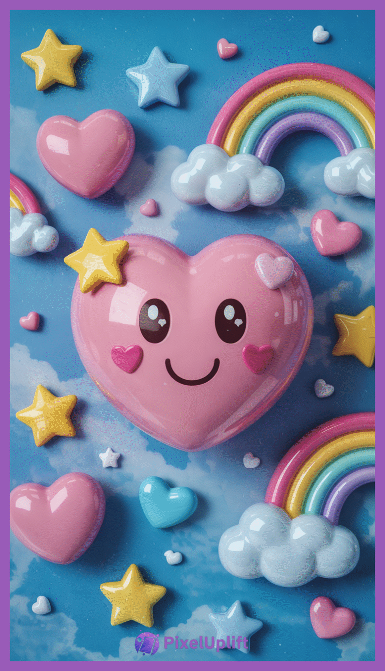 Colorful 3D phone wallpaper lockscreen with pink hearts, yellow and blue stars, and vibrant rainbows against a blue sky with clouds