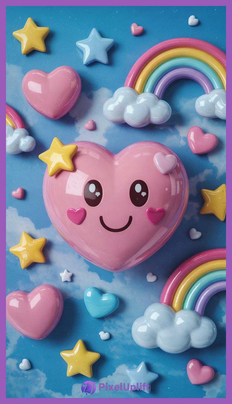 Colorful 3D phone wallpaper lockscreen with pink hearts, yellow and blue stars, and vibrant rainbows against a blue sky with clouds