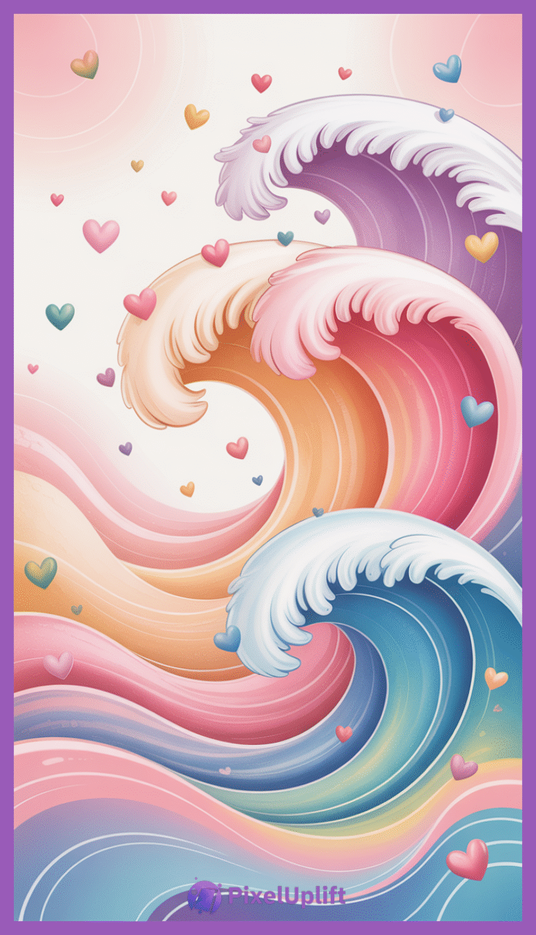 Colorful whimsical ocean waves with pastel shades and floating heart icons phone wallpaper lockscreen