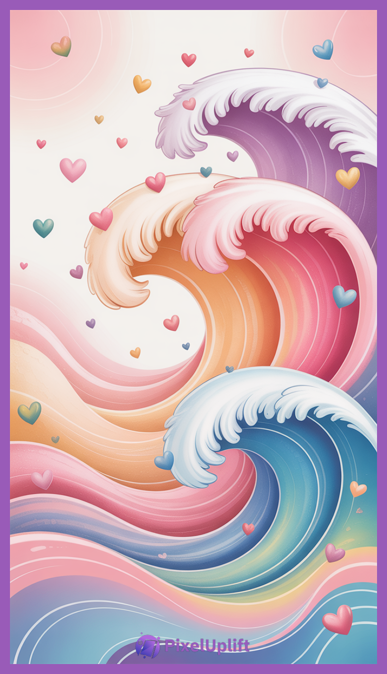 Colorful whimsical ocean waves with pastel shades and floating heart icons phone wallpaper lockscreen