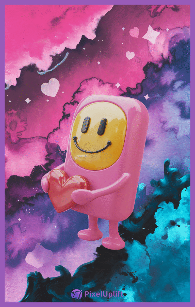 3D cartoon character with pink rectangular body holding red heart on colorful cosmic background phone wallpaper lockscreen