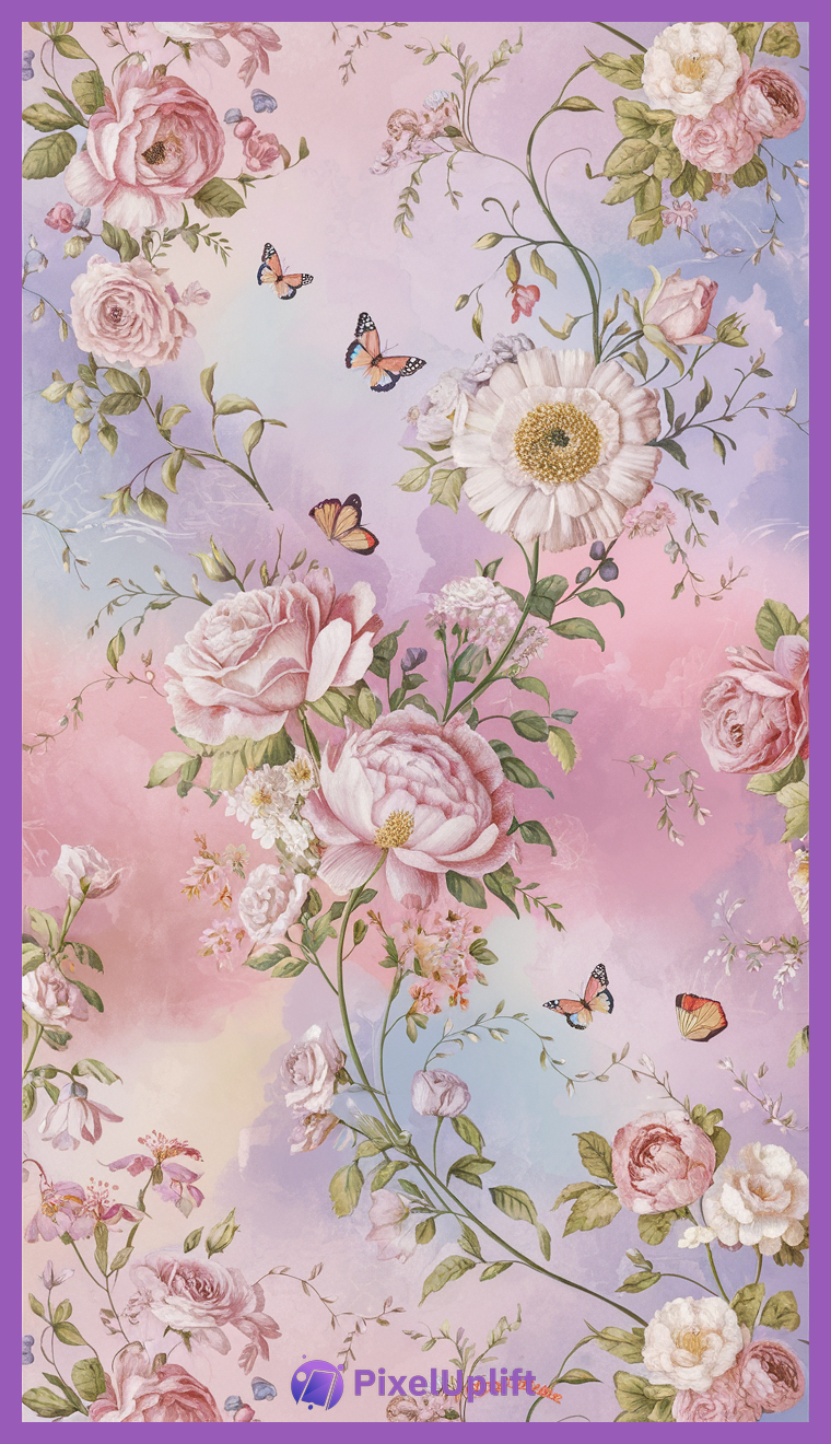 Delicate floral pattern phone wallpaper lockscreen with pastel pink, purple, blue background and butterflies