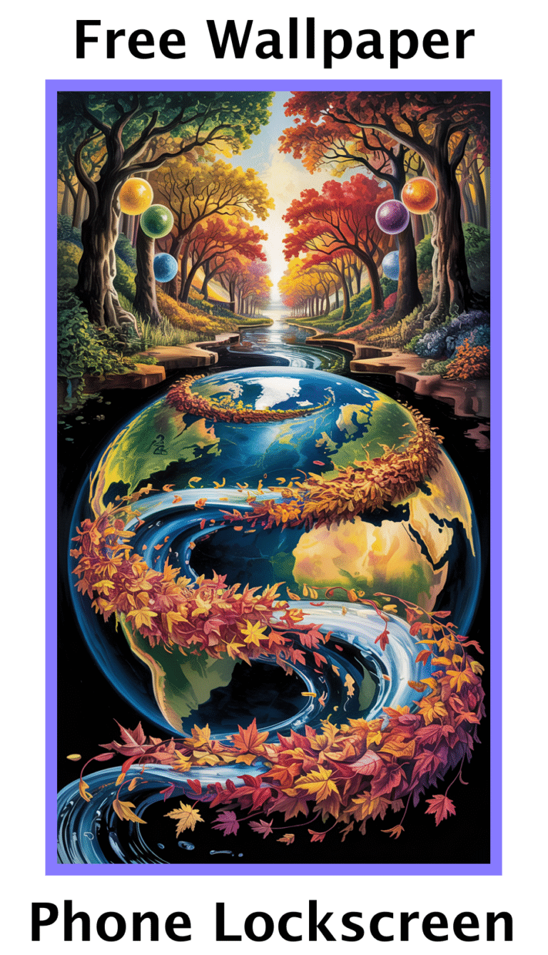 Vibrant surreal phone wallpaper of Earth with a winding river surrounded by autumn leaves and forest with colorful orbs