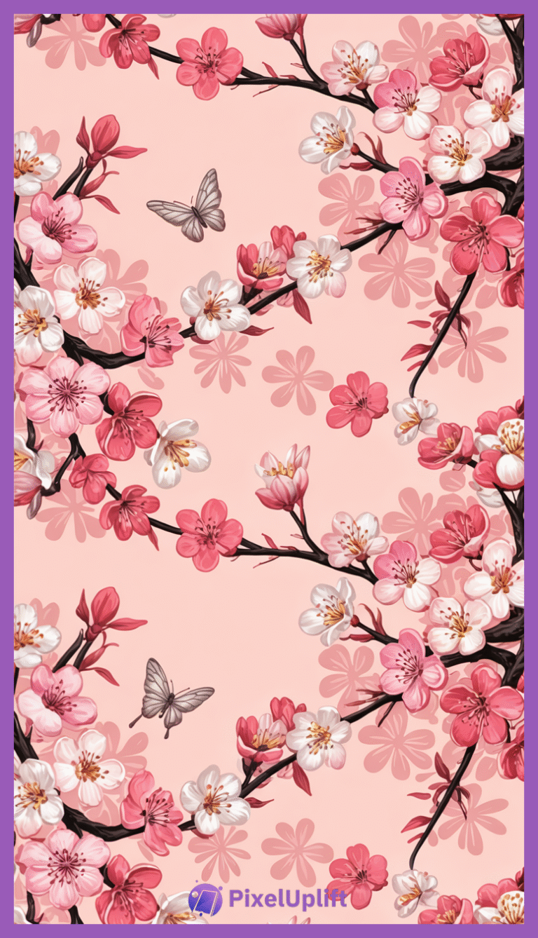 Elegant cherry blossom branches with pink and white flowers and two translucent gray butterflies on a soft blush pink background phone wallpaper lockscreen