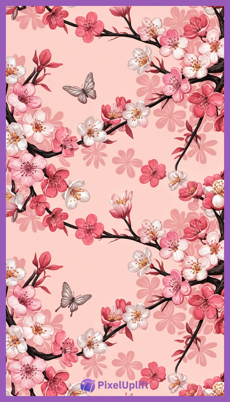 Elegant cherry blossom branches with pink and white flowers and two translucent gray butterflies on a soft blush pink background phone wallpaper lockscreen