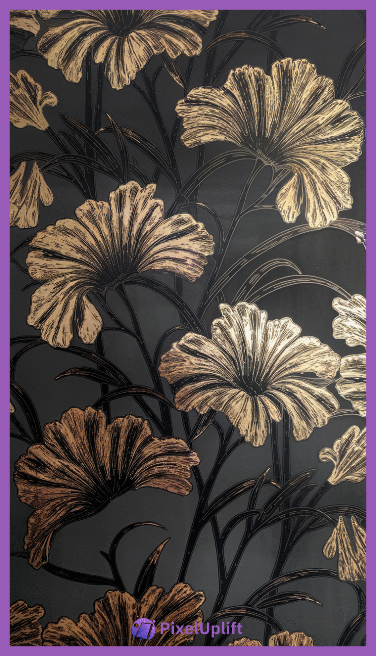 Decorative floral phone wallpaper with golden-bronze flowers and dark background