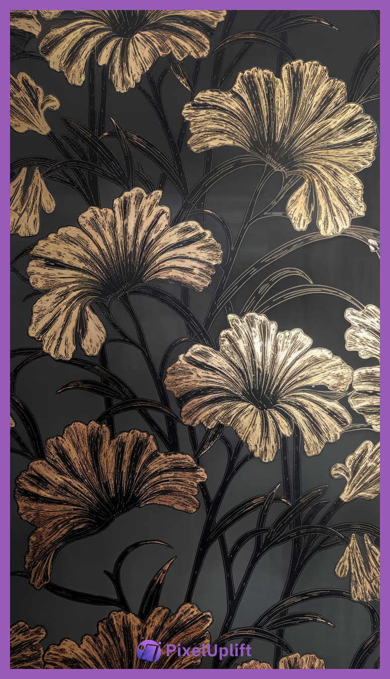 Decorative floral phone wallpaper with golden-bronze flowers and dark background