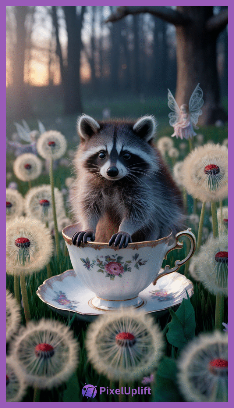 Small raccoon sitting inside an ornate floral teacup with gold accents on a matching saucer amidst dandelions with white fluffy seeds and red centers, with a delicate fairy among the flowers at twilight