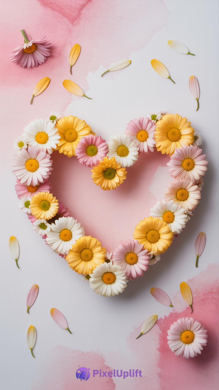 Heart shape made of white, yellow, and pink daisies with scattered petals on soft pink and gray watercolor background