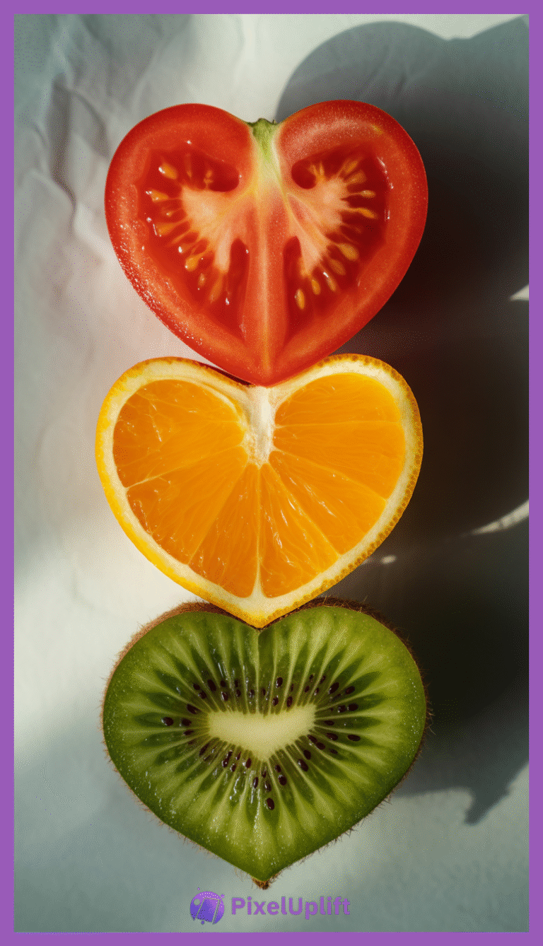 Heart-shaped tomato, orange, and kiwi fruit slices arranged vertically on a textured background