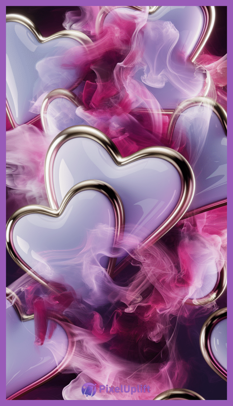 Artistic phone wallpaper featuring lavender hearts with shiny metallic gold borders surrounded by pink and purple smoky mist