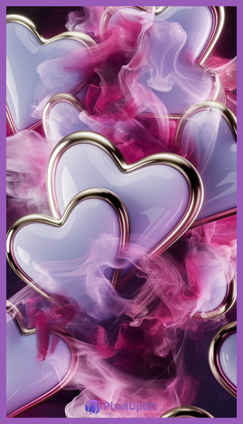 Artistic phone wallpaper featuring lavender hearts with shiny metallic gold borders surrounded by pink and purple smoky mist