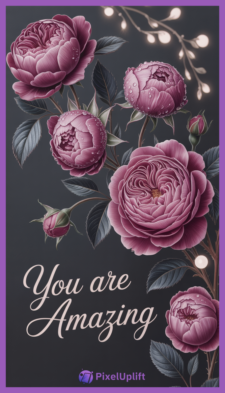 Dark moody floral phone wallpaper with deep pink and purple flowers, water droplets, glowing lights and uplifting You are Amazing message