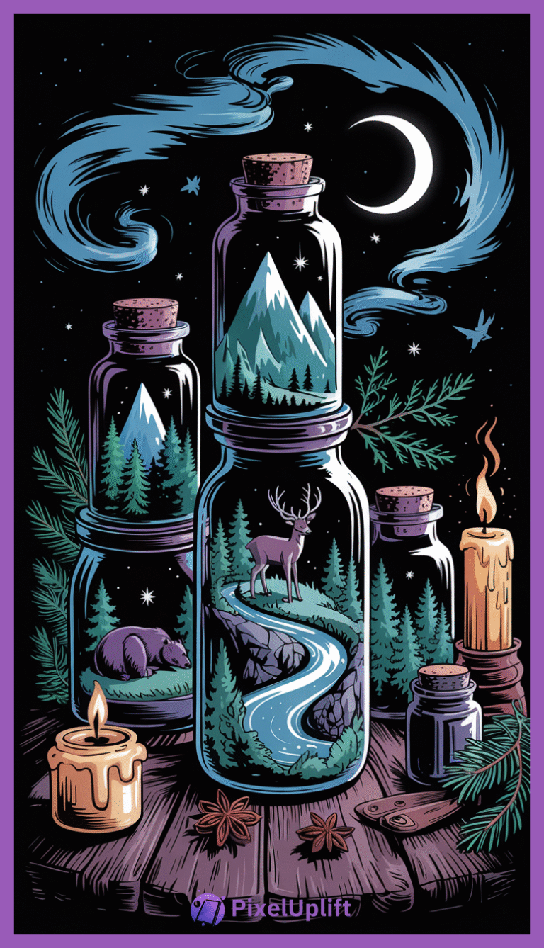Stylized surreal nighttime forest scene inside glass bottles with mountains, bear, deer, pine trees, stars, crescent moon, and candles