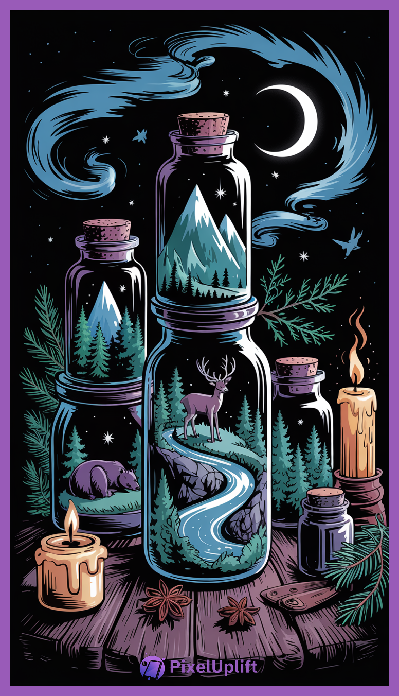 Stylized surreal nighttime forest scene inside glass bottles with mountains, bear, deer, pine trees, stars, crescent moon, and candles