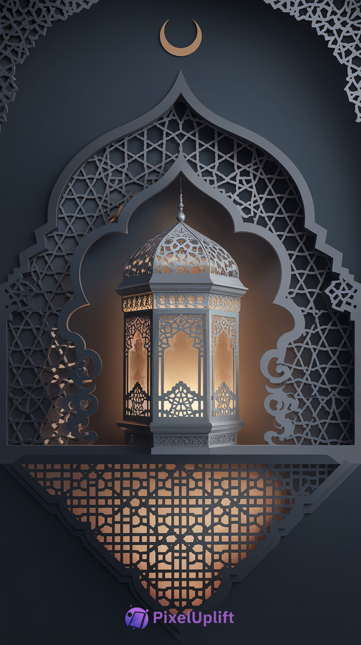 Ornate Islamic lantern wallpaper with warm light on dark blue geometric background and crescent moon