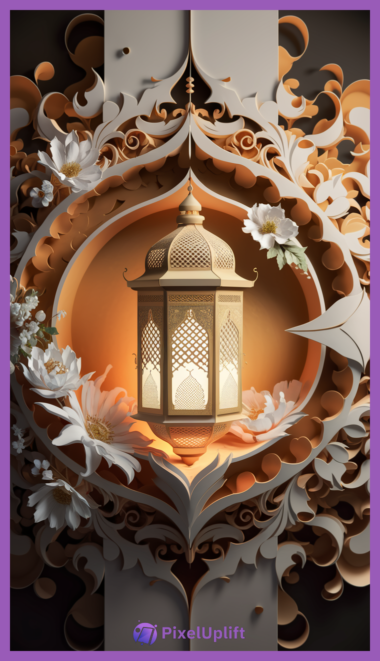 Intricate ornate lantern with geometric lattice patterns glowing warmly against a decorative floral and geometric background, perfect for phone lockscreen wallpaper