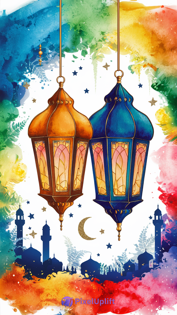 Phone wallpaper lockscreen featuring two ornate lanterns hanging by ropes with stained glass, colorful watercolor background, crescent moon, stars, and mosque silhouettes