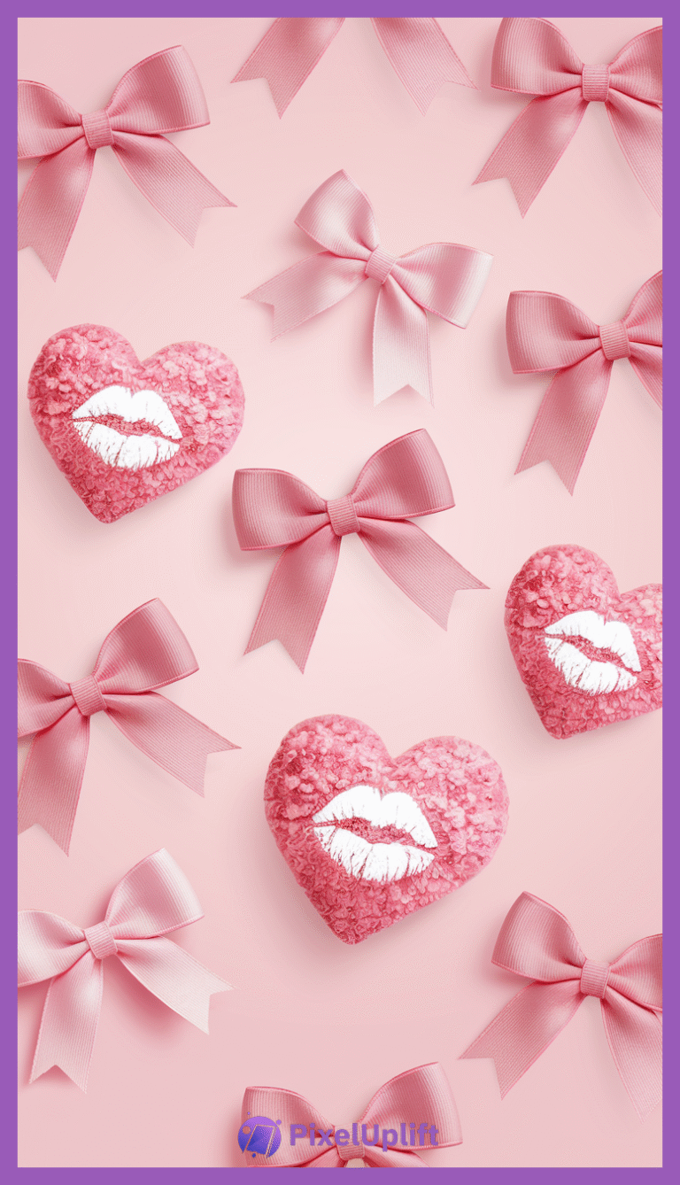 Phone wallpaper lockscreen with pink ribbon bows and heart-shaped objects featuring white lip prints on a light pink background