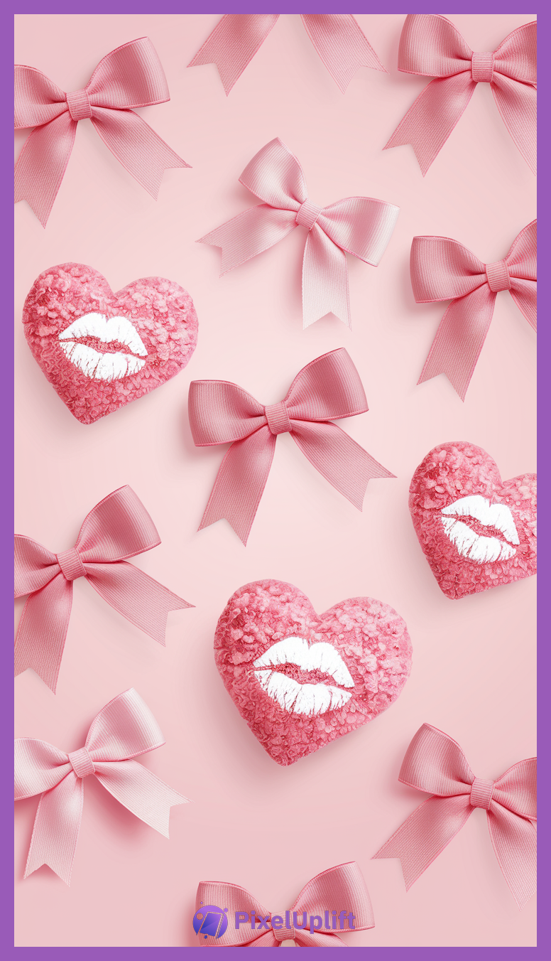 Phone wallpaper lockscreen with pink ribbon bows and heart-shaped objects featuring white lip prints on a light pink background