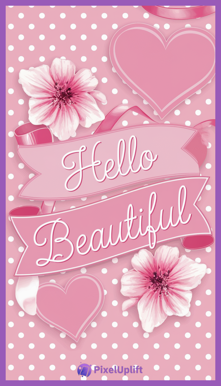 Phone wallpaper lockscreen with pink background, white polka dots, pink flowers, pink hearts, and a pink ribbon banner reading Hello Beautiful