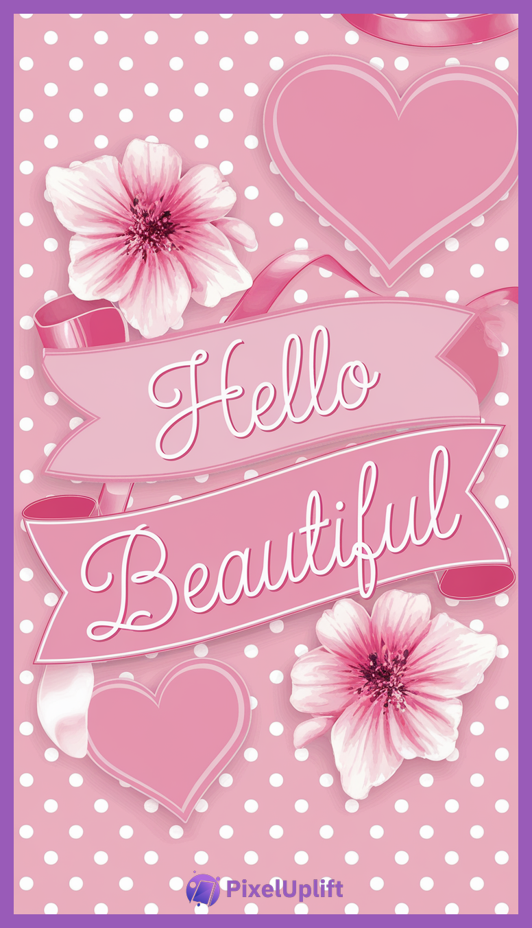 Phone wallpaper lockscreen with pink background, white polka dots, pink flowers, pink hearts, and a pink ribbon banner reading Hello Beautiful