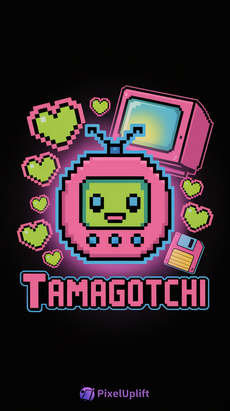 Pixel art phone wallpaper featuring a pink Tamagotchi with green screen and pixel hearts, retro computer monitor, and floppy disk on a black background