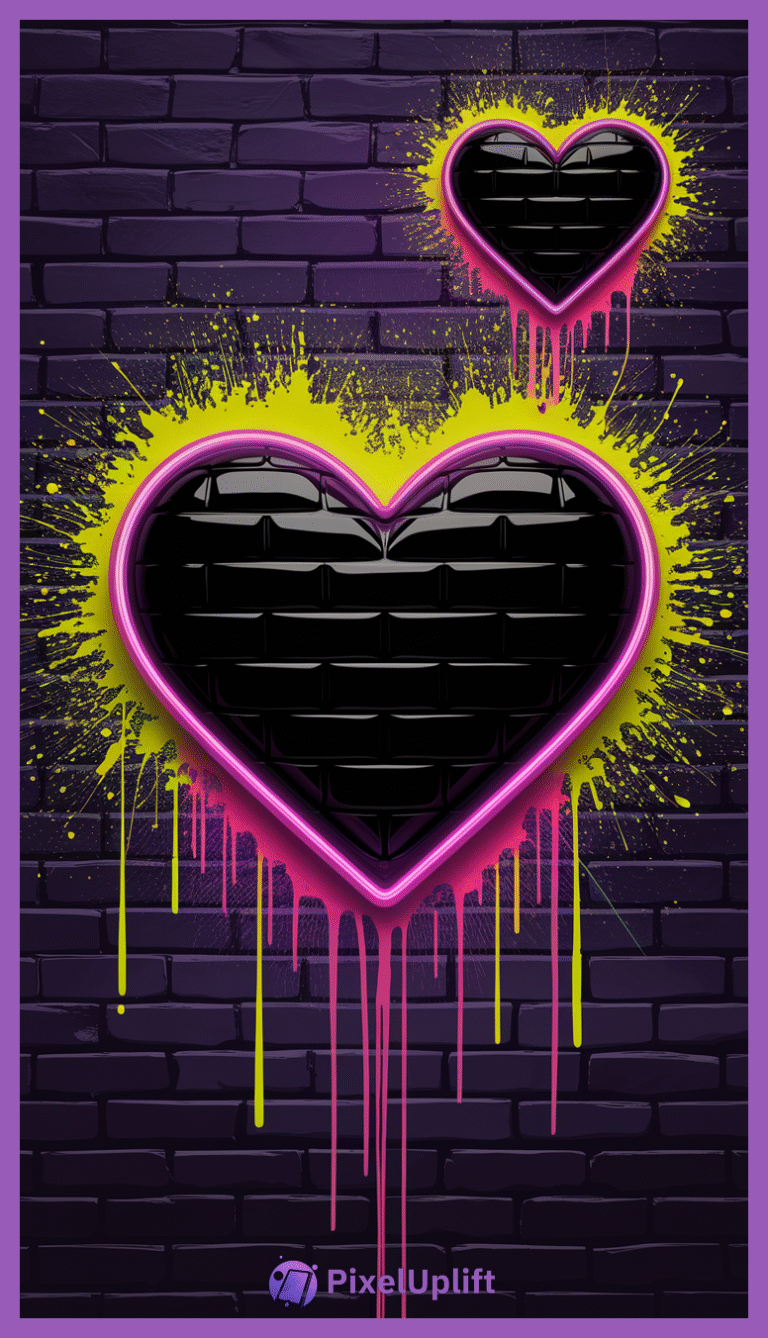 Dark purple brick wall with two heart-shaped black brick graffiti outlined in glowing pink with yellow and pink paint splashes