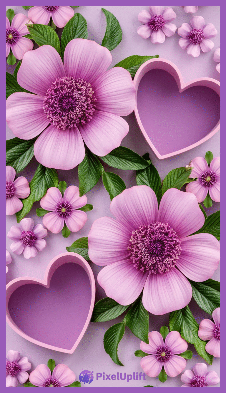 Purple and lavender flowers with green leaves and pastel purple heart-shaped objects on a lavender background phone wallpaper lockscreen