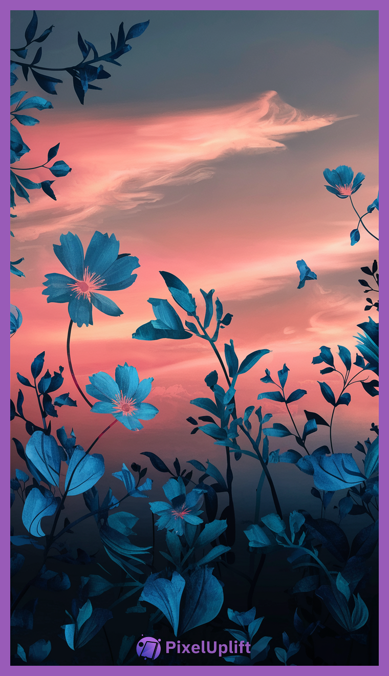 Stylized blue flowers and leaves in front of a warm peach and pink sunset sky with wispy clouds, phone wallpaper lockscreen